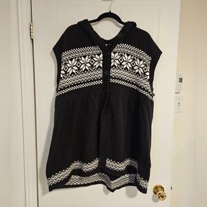 Womens plus size 1X oversized sleeveless cardigan black white hood 100% cotton